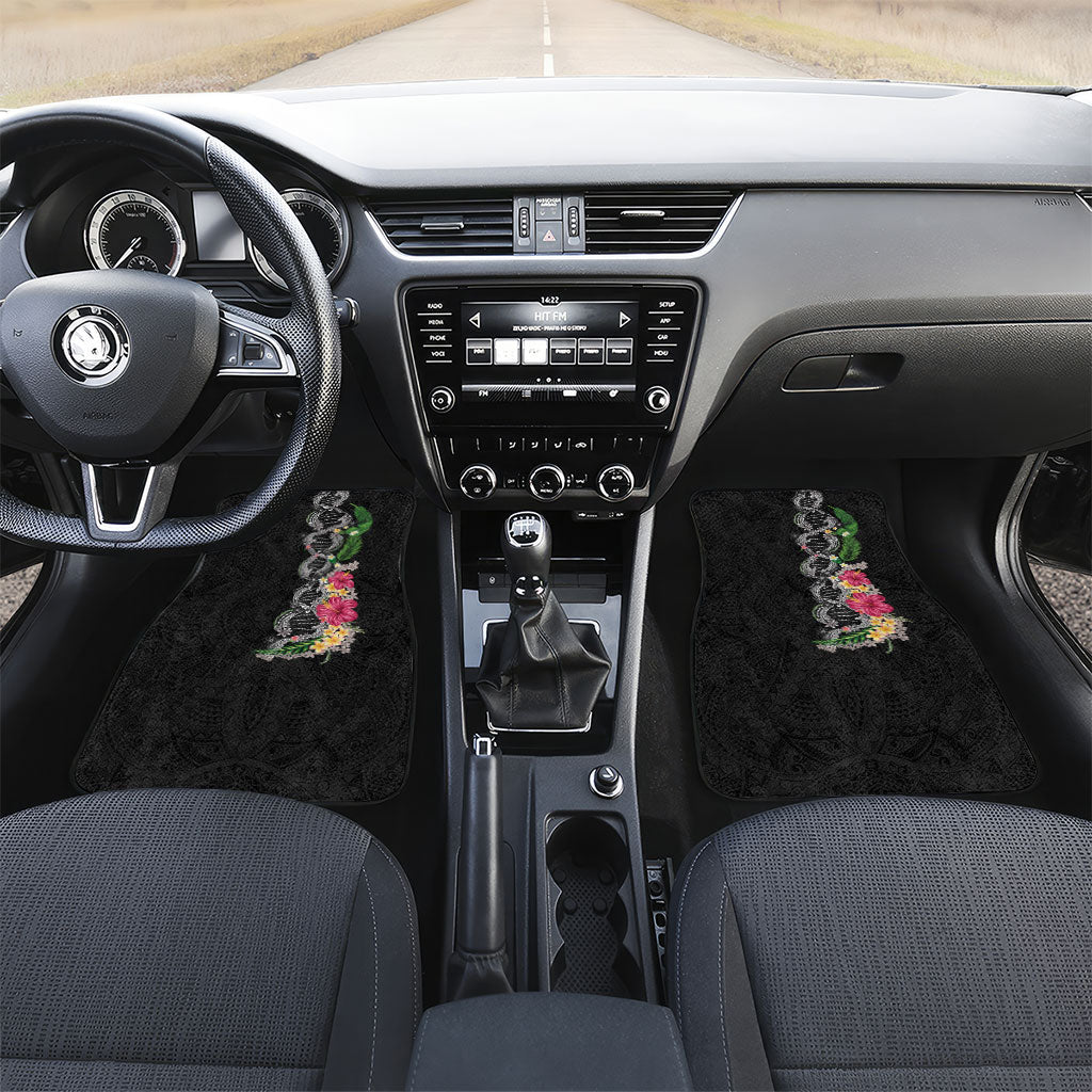 Hawaii DNA Kakau Tattoo Car Mats with Plumeria and Hibiscus Tropical Plants Black Color
