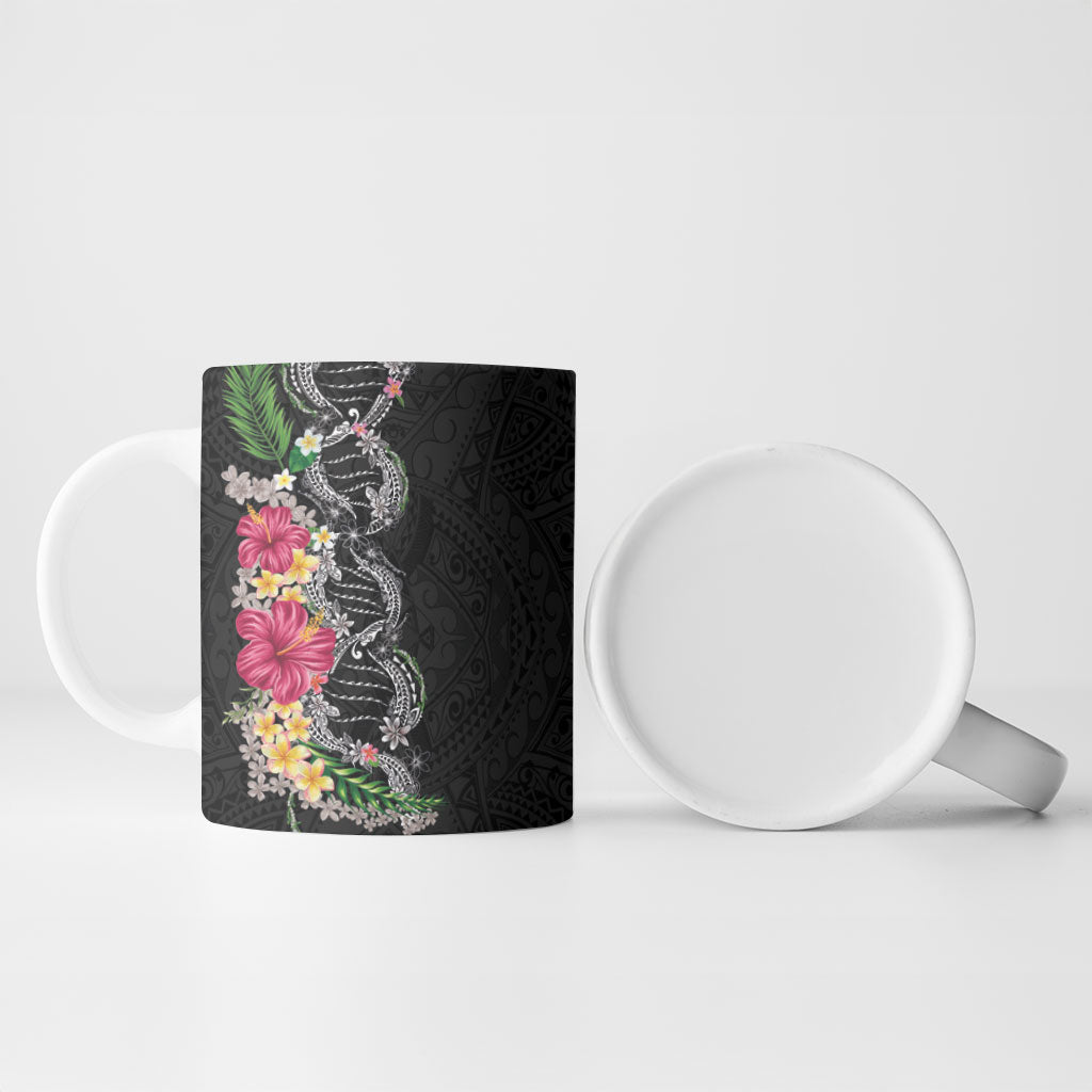 Hawaii DNA Kakau Tattoo Ceramic Mug with Plumeria and Hibiscus Tropical Plants Black Color