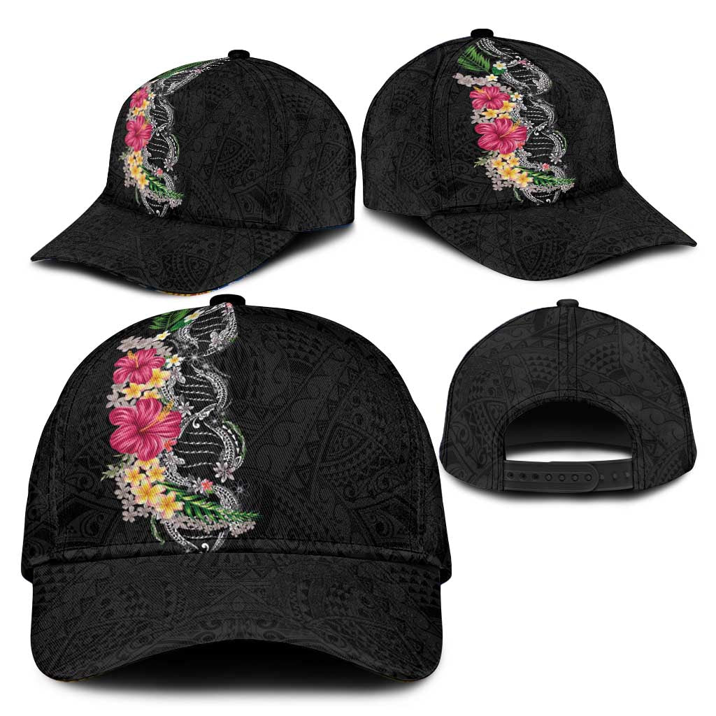 Hawaii DNA Kakau Tattoo Classic Cap with Plumeria and Hibiscus Tropical Plants Black Color