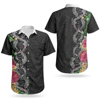Hawaii DNA Kakau Tattoo Couples Matching Tank Maxi Dress and Hawaiian Shirt with Plumeria and Hibiscus Tropical Plants Black Color