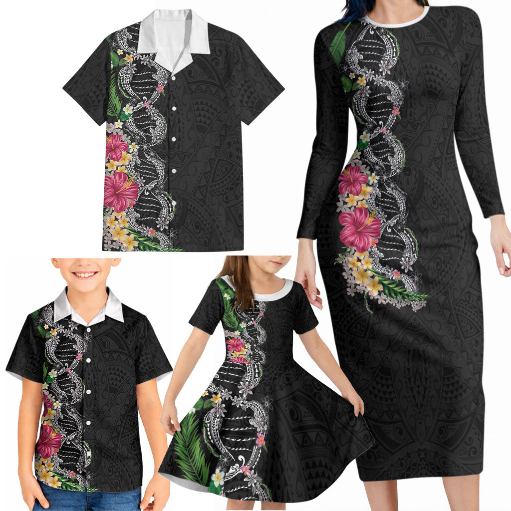 Hawaii DNA Kakau Tattoo Family Matching Long Sleeve Bodycon Dress and Hawaiian Shirt with Plumeria and Hibiscus Tropical Plants Black Color LT03 - Polynesian Pride