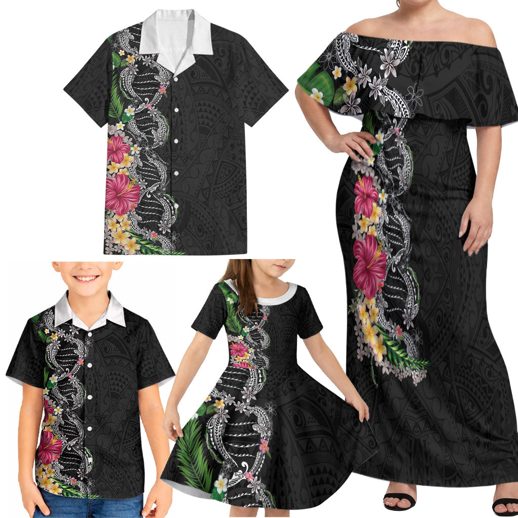Hawaii DNA Kakau Tattoo Family Matching Off Shoulder Maxi Dress and Hawaiian Shirt with Plumeria and Hibiscus Tropical Plants Black Color LT03 - Polynesian Pride