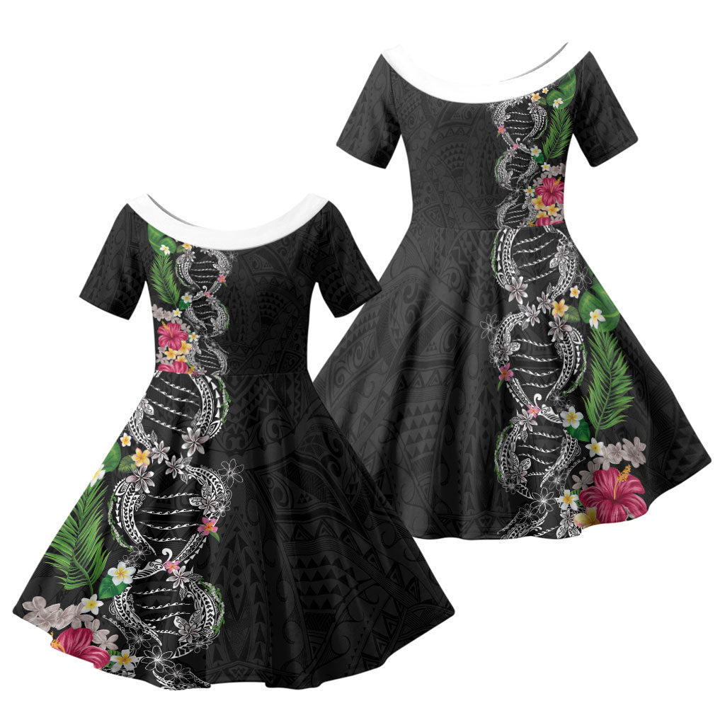 Hawaii DNA Kakau Tattoo Family Matching Off Shoulder Maxi Dress and Hawaiian Shirt with Plumeria and Hibiscus Tropical Plants Black Color