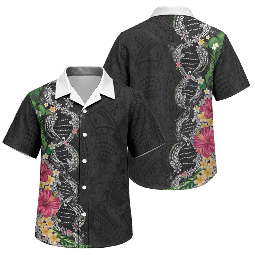 Hawaii DNA Kakau Tattoo Family Matching Off Shoulder Maxi Dress and Hawaiian Shirt with Plumeria and Hibiscus Tropical Plants Black Color