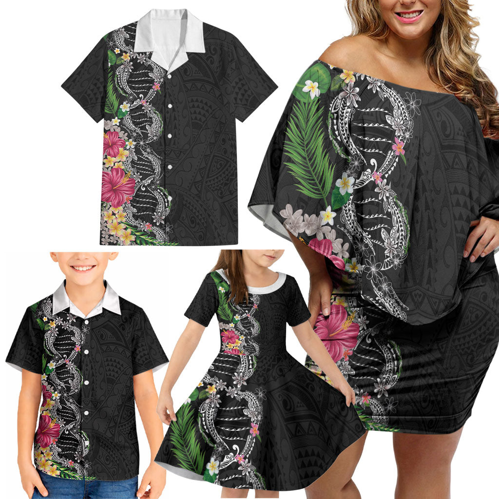 Hawaii DNA Kakau Tattoo Family Matching Off Shoulder Short Dress and Hawaiian Shirt with Plumeria and Hibiscus Tropical Plants Black Color LT03 - Polynesian Pride
