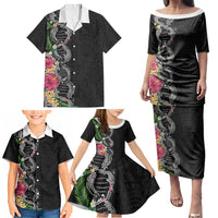 Hawaii DNA Kakau Tattoo Family Matching Puletasi and Hawaiian Shirt with Plumeria and Hibiscus Tropical Plants Black Color