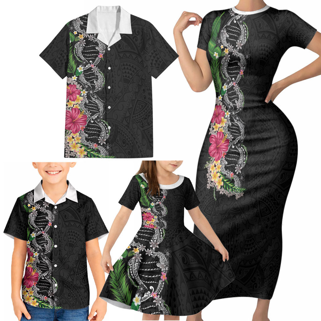 Hawaii DNA Kakau Tattoo Family Matching Short Sleeve Bodycon Dress and Hawaiian Shirt with Plumeria and Hibiscus Tropical Plants Black Color LT03 - Polynesian Pride
