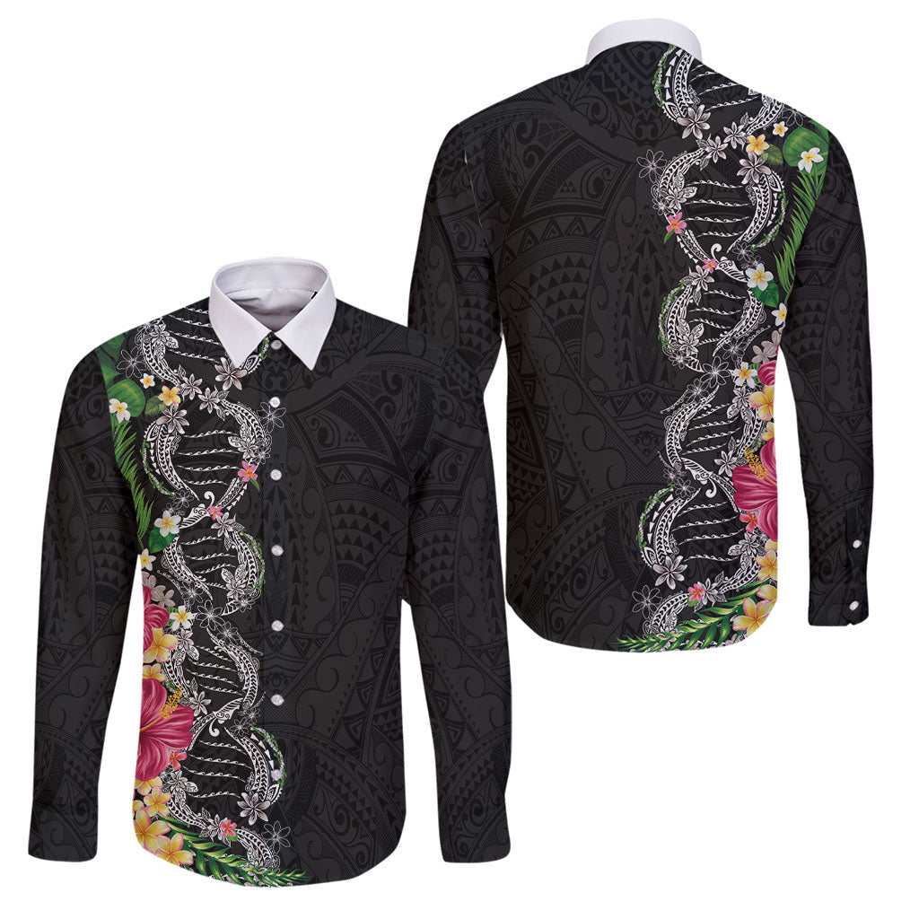 Hawaii DNA Kakau Tattoo Family Matching Short Sleeve Bodycon Dress and Hawaiian Shirt with Plumeria and Hibiscus Tropical Plants Black Color