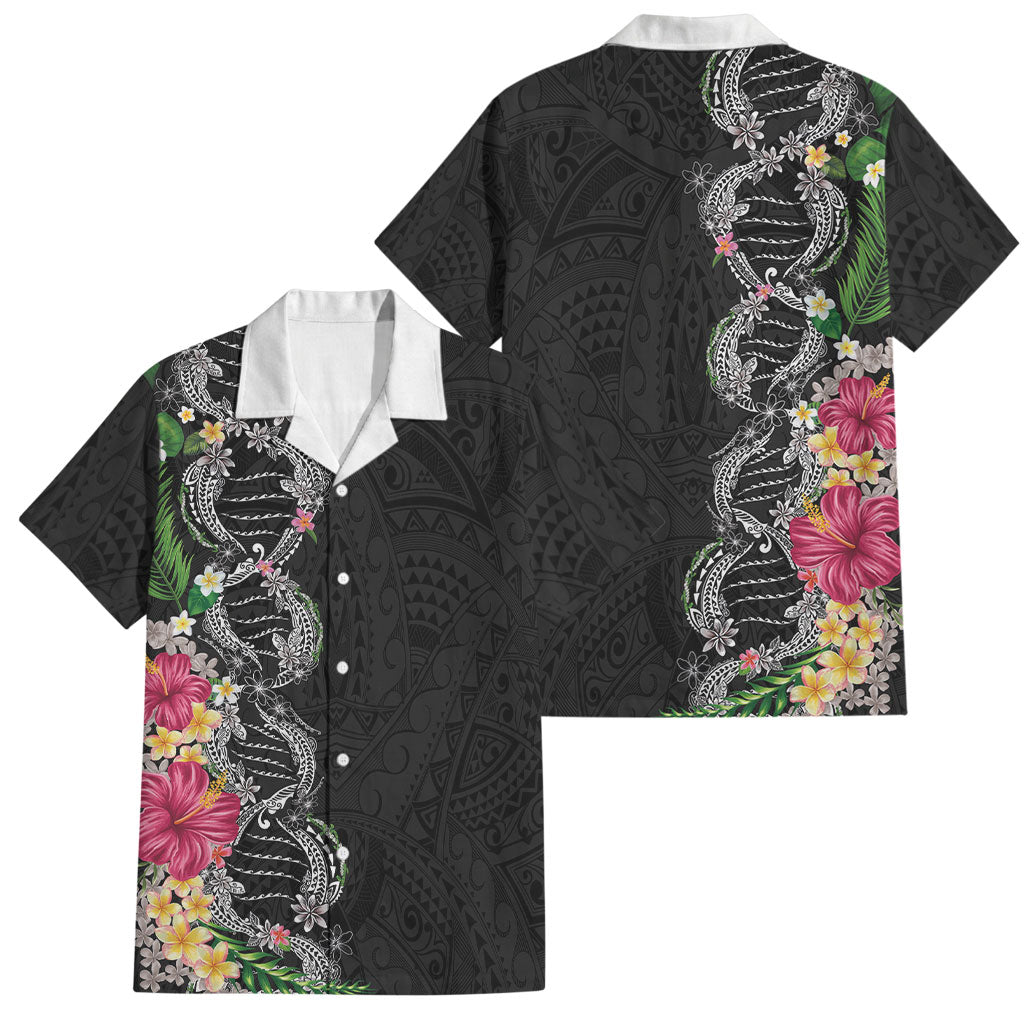 Hawaii DNA Kakau Tattoo Family Matching Summer Maxi Dress and Hawaiian Shirt with Plumeria and Hibiscus Tropical Plants Black Color