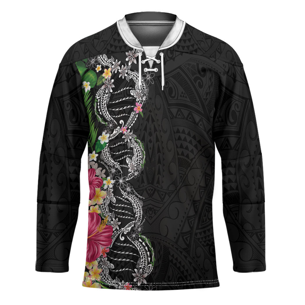 Hawaii DNA Kakau Tattoo Hockey Jersey with Plumeria and Hibiscus Tropical Plants Black Color