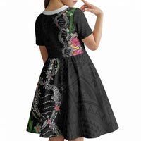 Hawaii DNA Kakau Tattoo Kid Short Sleeve Dress with Plumeria and Hibiscus Tropical Plants Black Color