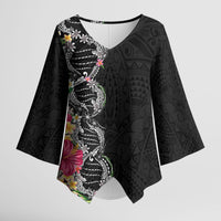 Hawaii DNA Kakau Tattoo Kimono Sleeve Blouse with Plumeria and Hibiscus Tropical Plants Black Color
