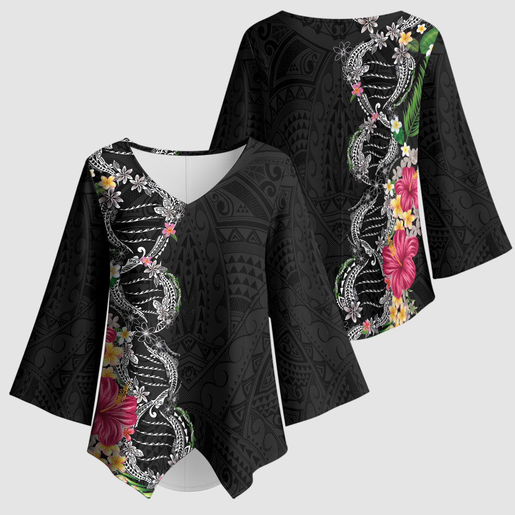 Hawaii DNA Kakau Tattoo Kimono Sleeve Blouse with Plumeria and Hibiscus Tropical Plants Black Color