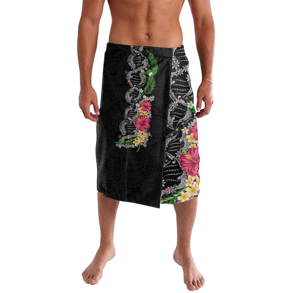 Hawaii DNA Kakau Tattoo Lavalava with Plumeria and Hibiscus Tropical Plants Black Color