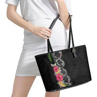 Hawaii DNA Kakau Tattoo Leather Tote Bag with Plumeria and Hibiscus Tropical Plants Black Color