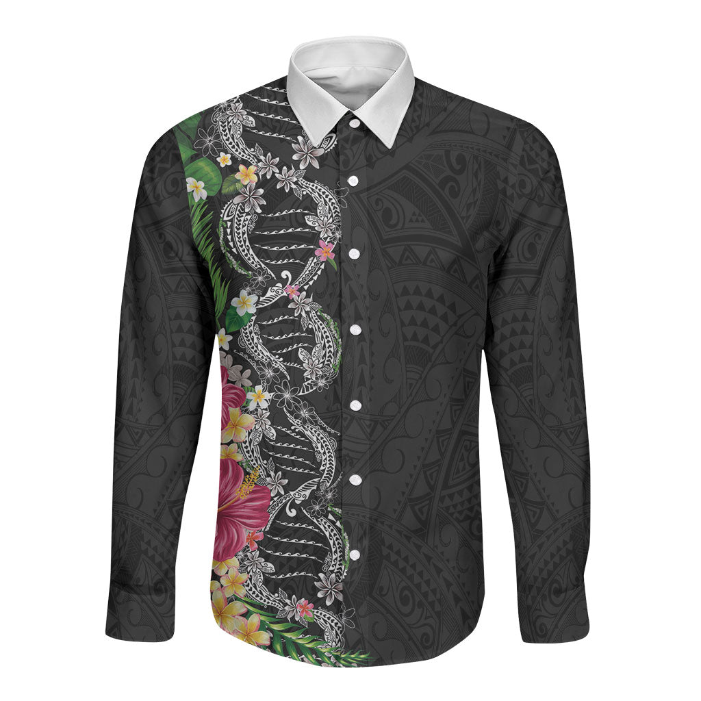 Hawaii DNA Kakau Tattoo Long Sleeve Button Shirt with Plumeria and Hibiscus Tropical Plants Black Color