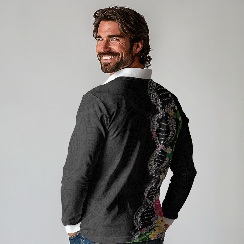 Hawaii DNA Kakau Tattoo Long Sleeve Polo Shirt with Plumeria and Hibiscus Tropical Plants Black Color