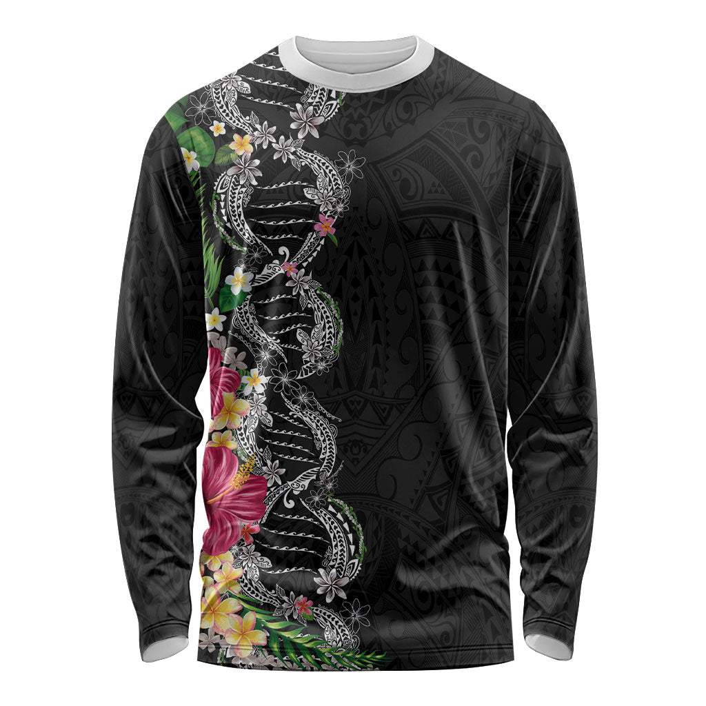 Hawaii DNA Kakau Tattoo Long Sleeve Shirt with Plumeria and Hibiscus Tropical Plants Black Color
