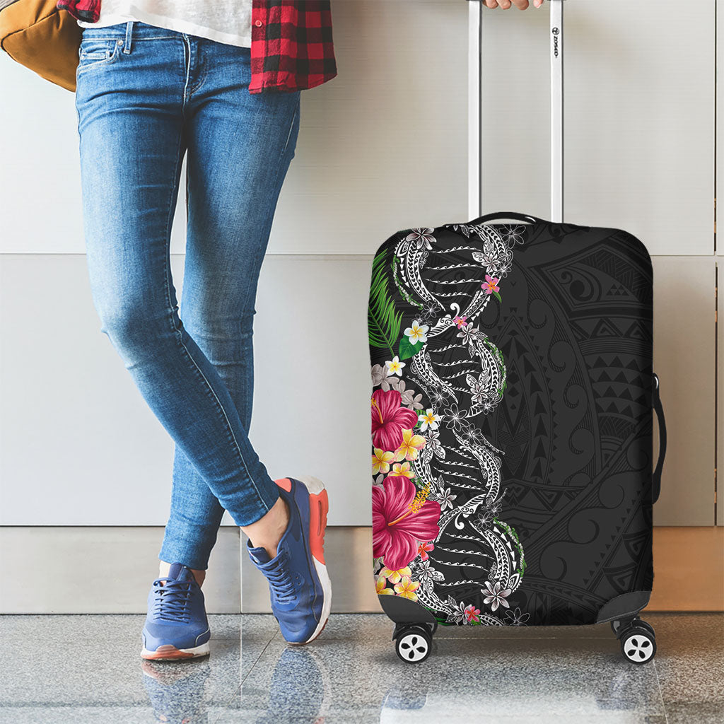 Hawaii DNA Kakau Tattoo Luggage Cover with Plumeria and Hibiscus Tropical Plants Black Color