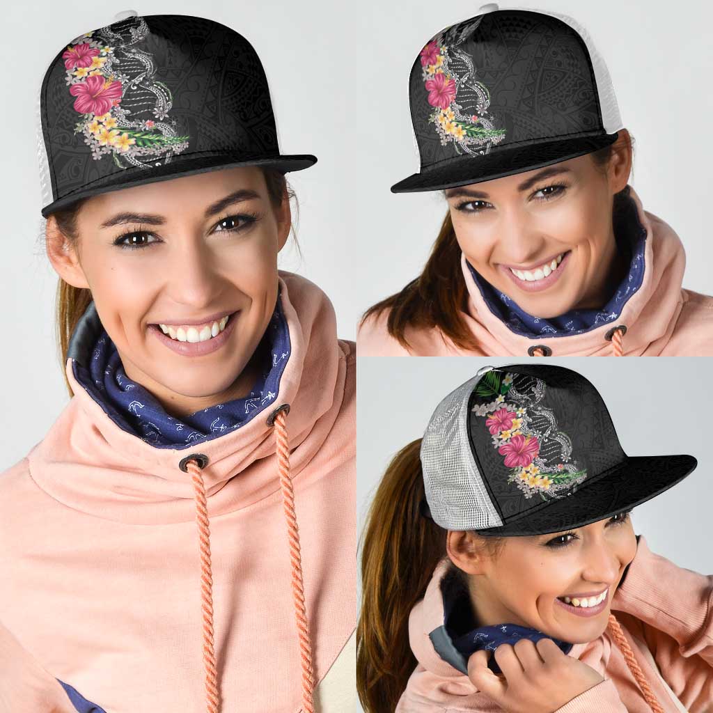 Hawaii DNA Kakau Tattoo Mesh Trucker Cap with Plumeria and Hibiscus Tropical Plants Black Color