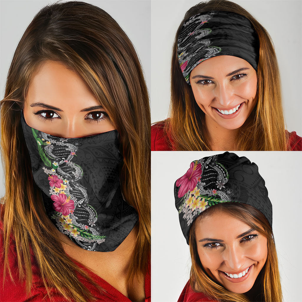 Hawaii DNA Kakau Tattoo Neck Gaiter with Plumeria and Hibiscus Tropical Plants Black Color