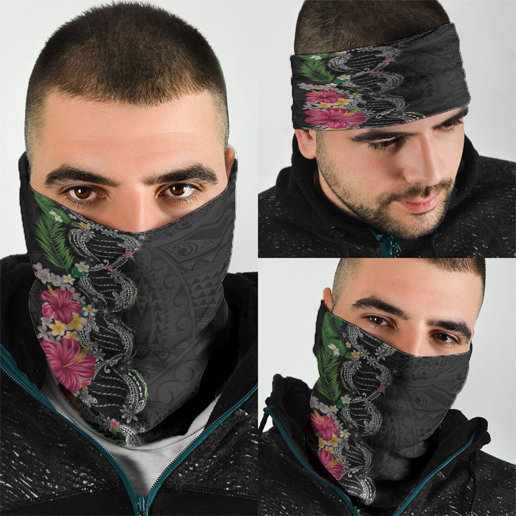 Hawaii DNA Kakau Tattoo Neck Gaiter with Plumeria and Hibiscus Tropical Plants Black Color