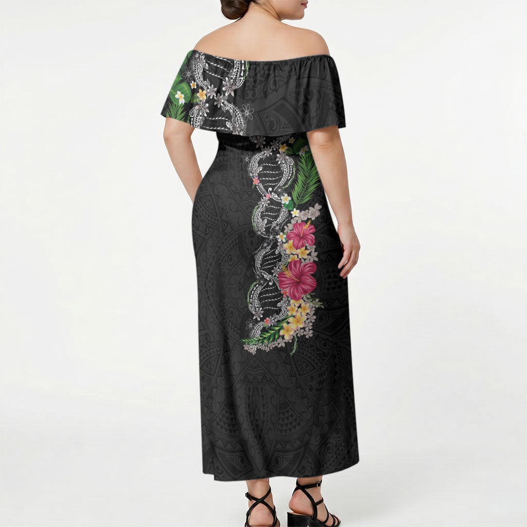 Hawaii DNA Kakau Tattoo Off Shoulder Maxi Dress with Plumeria and Hibiscus Tropical Plants Black Color