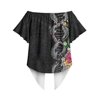 Hawaii DNA Kakau Tattoo Off Shoulder Wrap Waist Top with Plumeria and Hibiscus Tropical Plants Black Color LT03 - Polynesian Pride