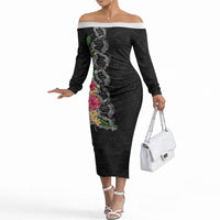 Hawaii DNA Kakau Tattoo Off The Shoulder Long Sleeve Dress with Plumeria and Hibiscus Tropical Plants Black Color