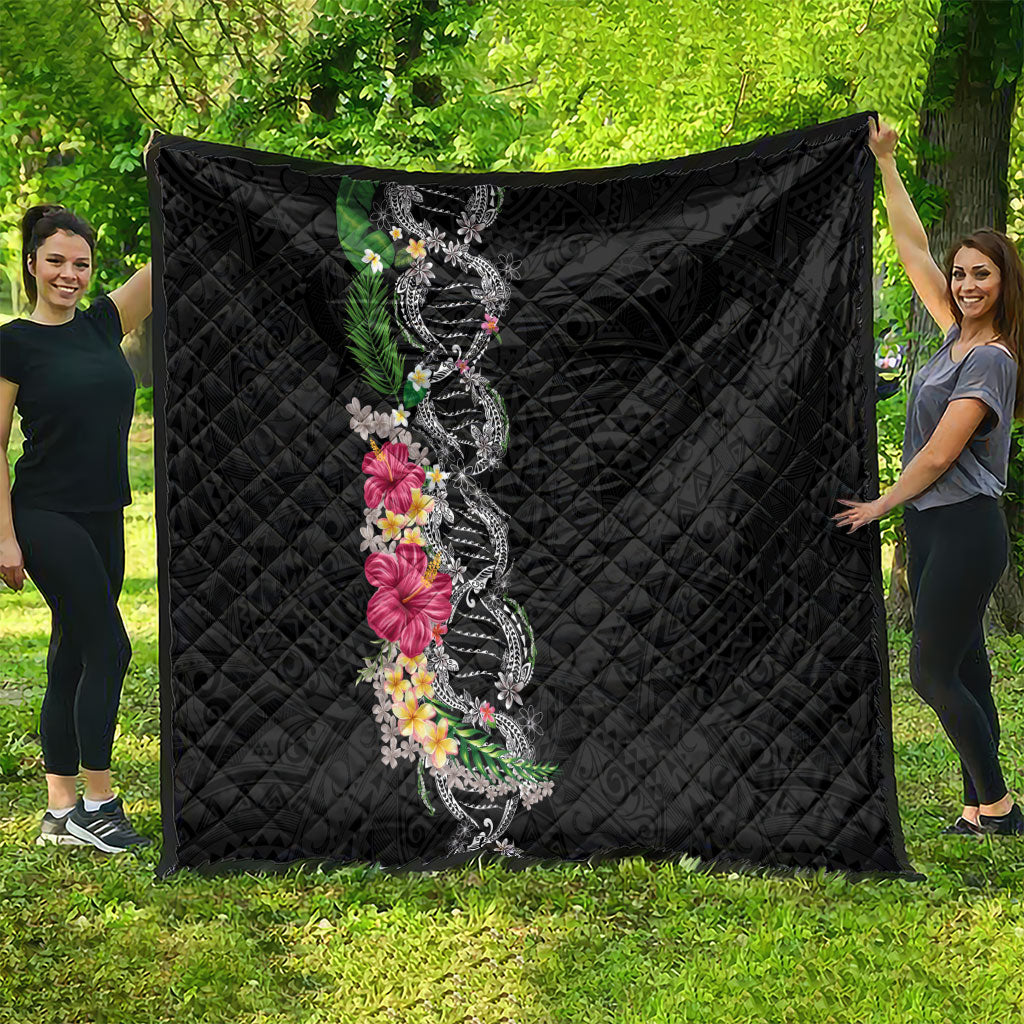 Hawaii DNA Kakau Tattoo Quilt with Plumeria and Hibiscus Tropical Plants Black Color