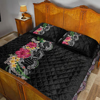 Hawaii DNA Kakau Tattoo Quilt Bed Set with Plumeria and Hibiscus Tropical Plants Black Color