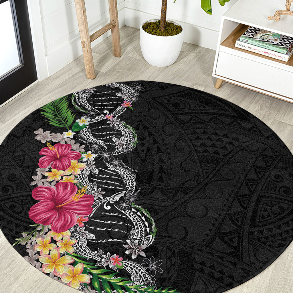 Hawaii DNA Kakau Tattoo Round Carpet with Plumeria and Hibiscus Tropical Plants Black Color LT03 Black - Polynesian Pride