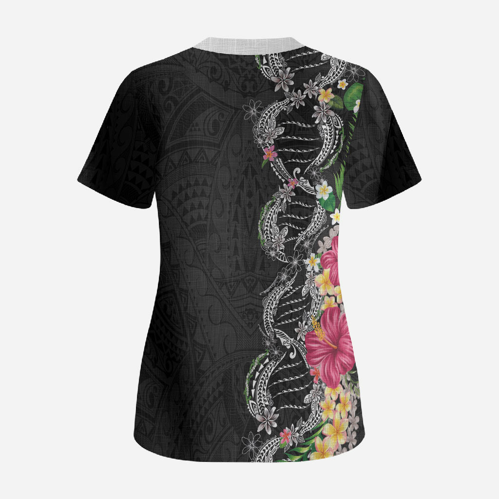 Hawaii DNA Kakau Tattoo Scrub Top with Plumeria and Hibiscus Tropical Plants Black Color