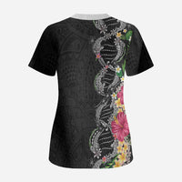 Hawaii DNA Kakau Tattoo Scrub Top with Plumeria and Hibiscus Tropical Plants Black Color