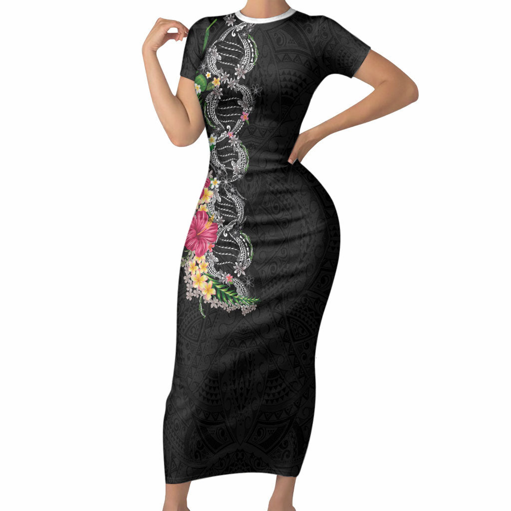 Hawaii DNA Kakau Tattoo Short Sleeve Bodycon Dress with Plumeria and Hibiscus Tropical Plants Black Color