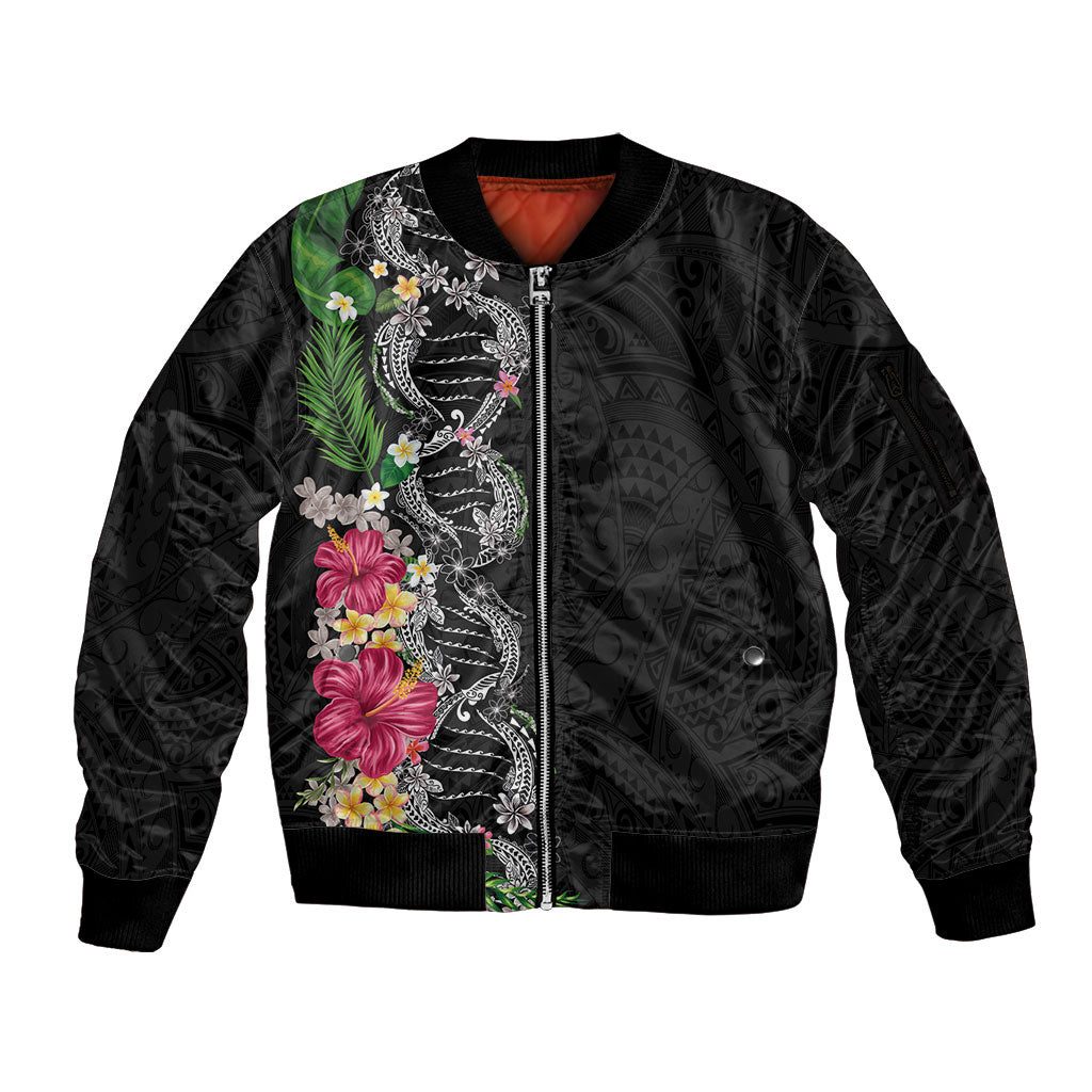 Hawaii DNA Kakau Tattoo Sleeve Zip Bomber Jacket with Plumeria and Hibiscus Tropical Plants Black Color