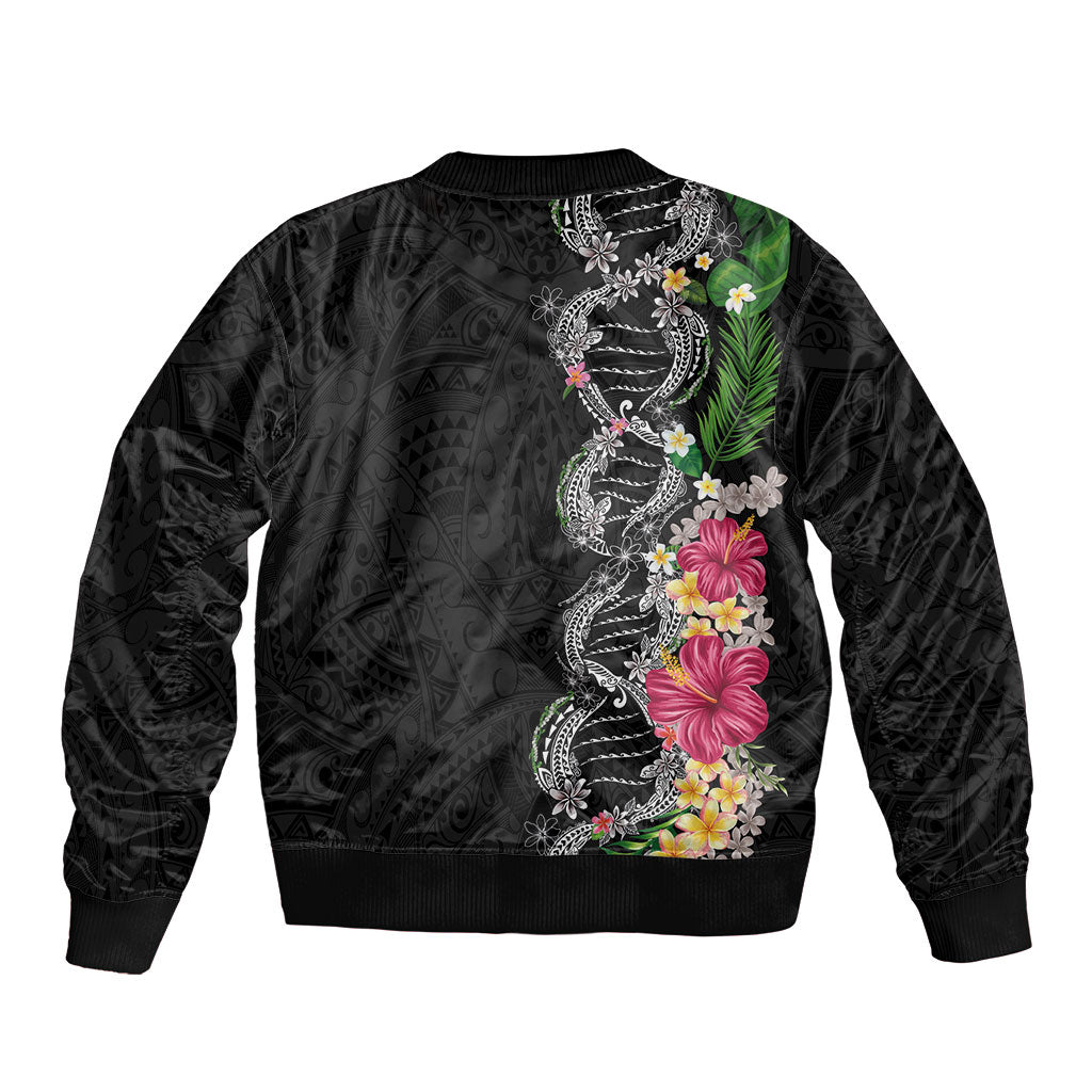 Hawaii DNA Kakau Tattoo Sleeve Zip Bomber Jacket with Plumeria and Hibiscus Tropical Plants Black Color