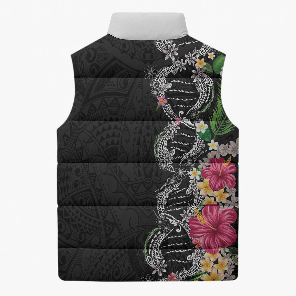 Hawaii DNA Kakau Tattoo Sleeveless Puffer Jacket with Plumeria and Hibiscus Tropical Plants Black Color