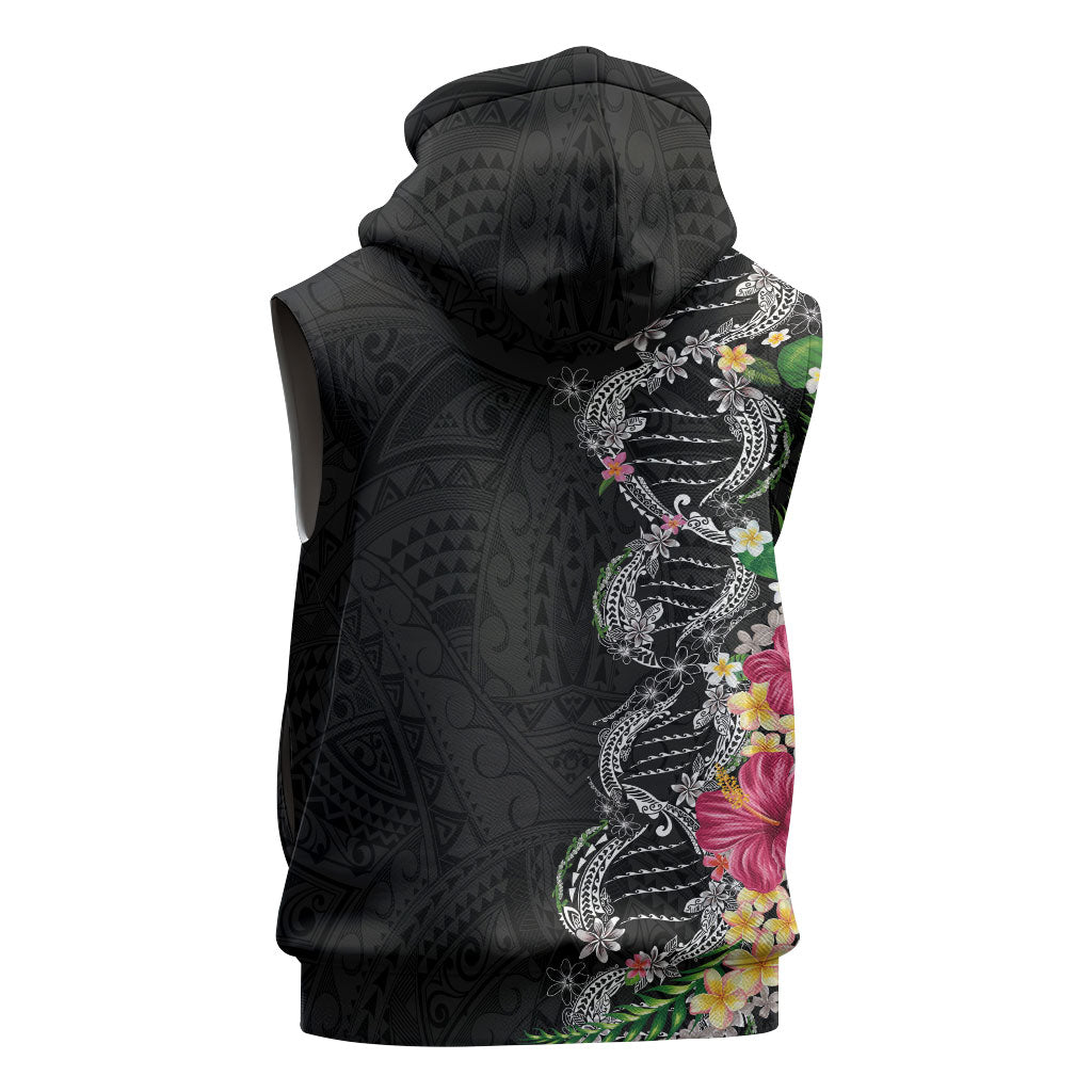 Hawaii DNA Kakau Tattoo Sleeveless Zip Hoodie with Plumeria and Hibiscus Tropical Plants Black Color