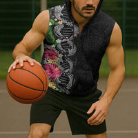 Hawaii DNA Kakau Tattoo Sleeveless Zip Hoodie with Plumeria and Hibiscus Tropical Plants Black Color