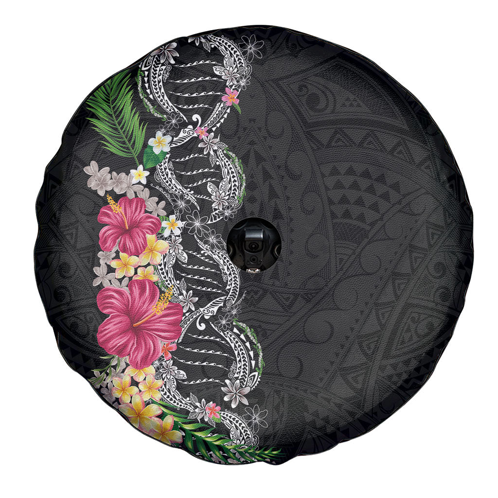 Hawaii DNA Kakau Tattoo Spare Tire Cover with Plumeria and Hibiscus Tropical Plants Black Color