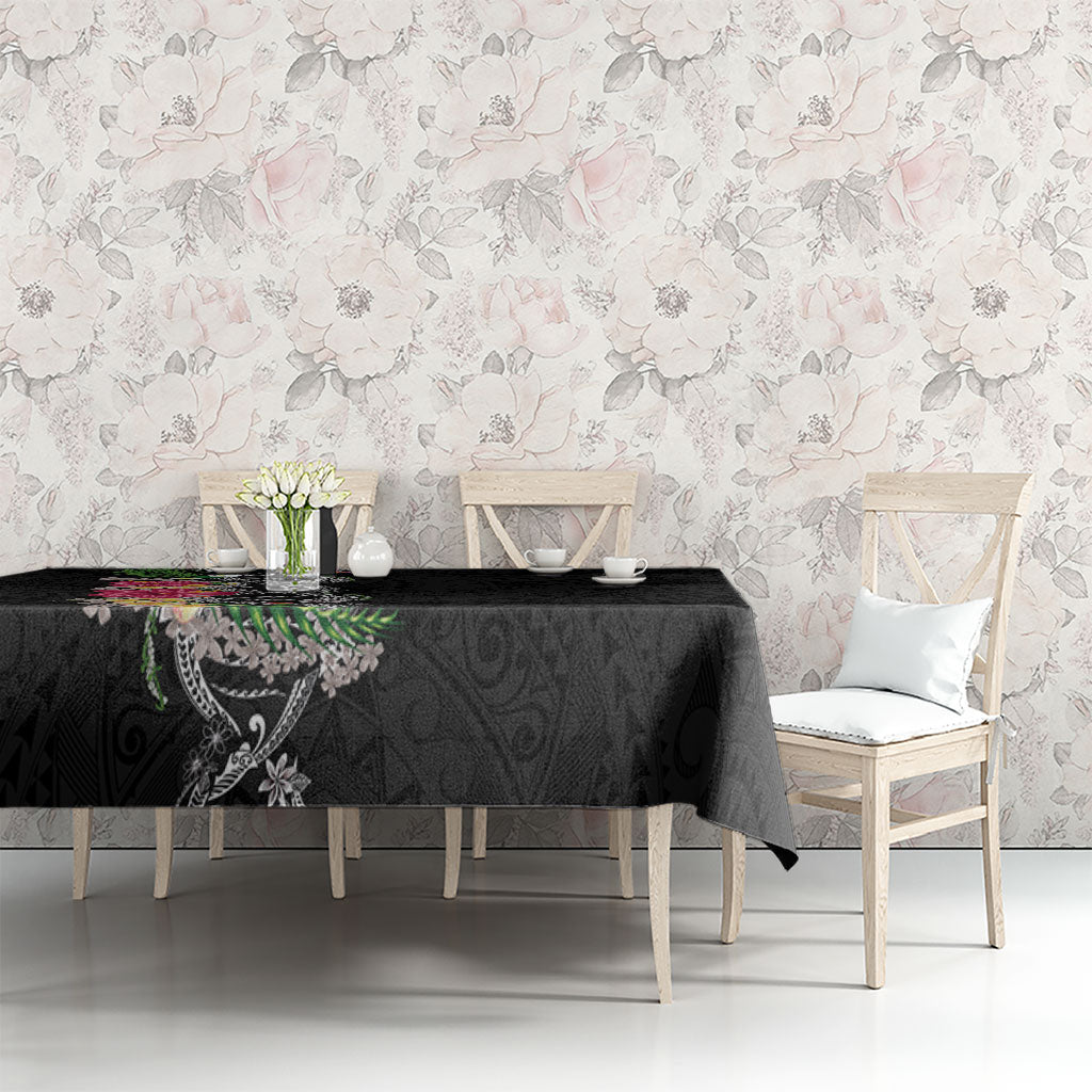 Hawaii DNA Kakau Tattoo Tablecloth with Plumeria and Hibiscus Tropical Plants Black Color
