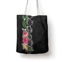 Hawaii DNA Kakau Tattoo Tote Bag with Plumeria and Hibiscus Tropical Plants Black Color
