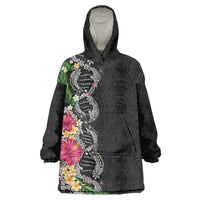 Hawaii DNA Kakau Tattoo Wearable Blanket Hoodie with Plumeria and Hibiscus Tropical Plants Black Color