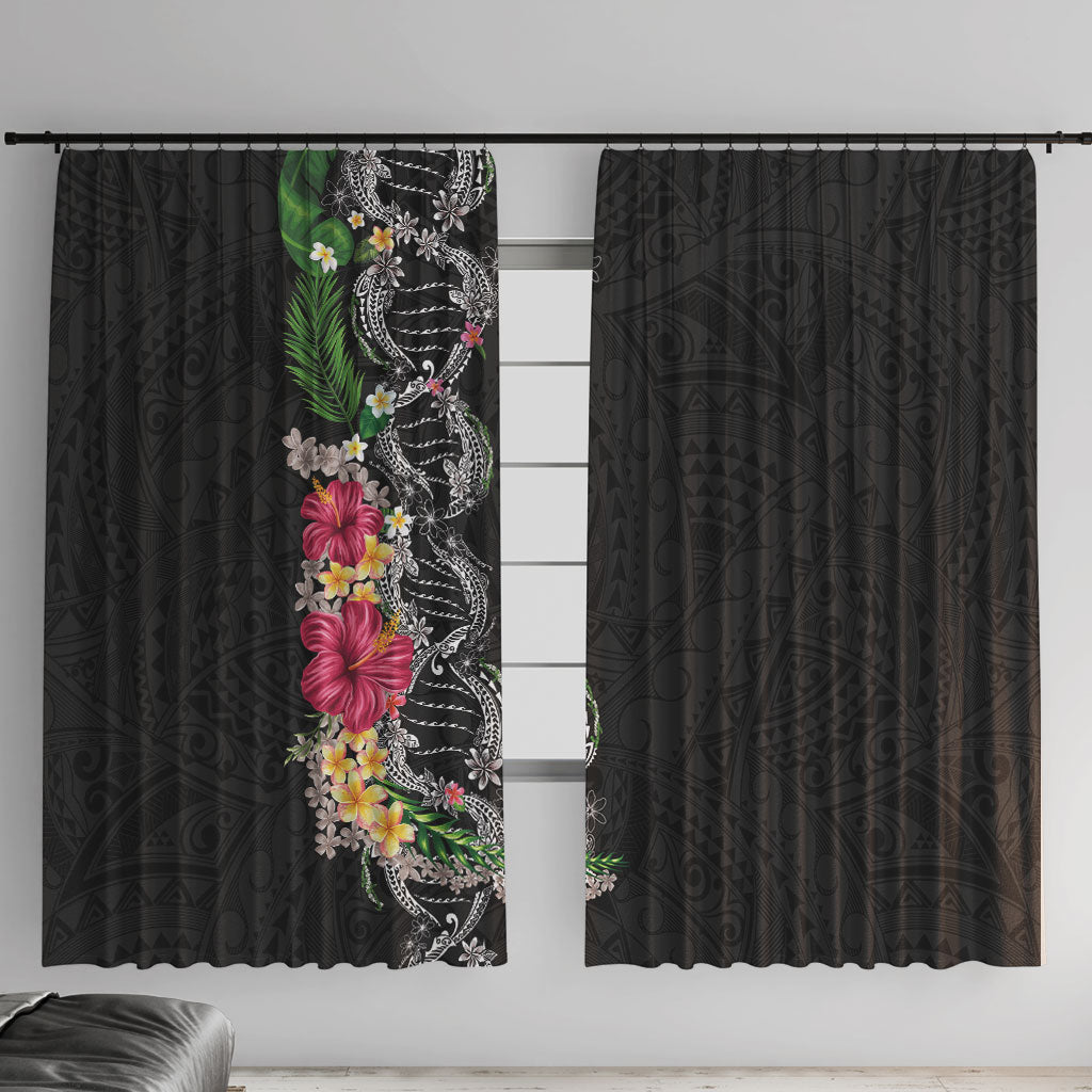 Hawaii DNA Kakau Tattoo Window Curtain with Plumeria and Hibiscus Tropical Plants Black Color LT03 With Hooks Black - Polynesian Pride