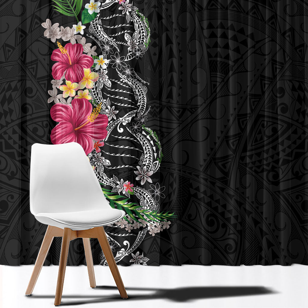 Hawaii DNA Kakau Tattoo Window Curtain with Plumeria and Hibiscus Tropical Plants Black Color