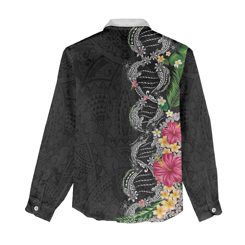 Hawaii DNA Kakau Tattoo Women Casual Shirt with Plumeria and Hibiscus Tropical Plants Black Color