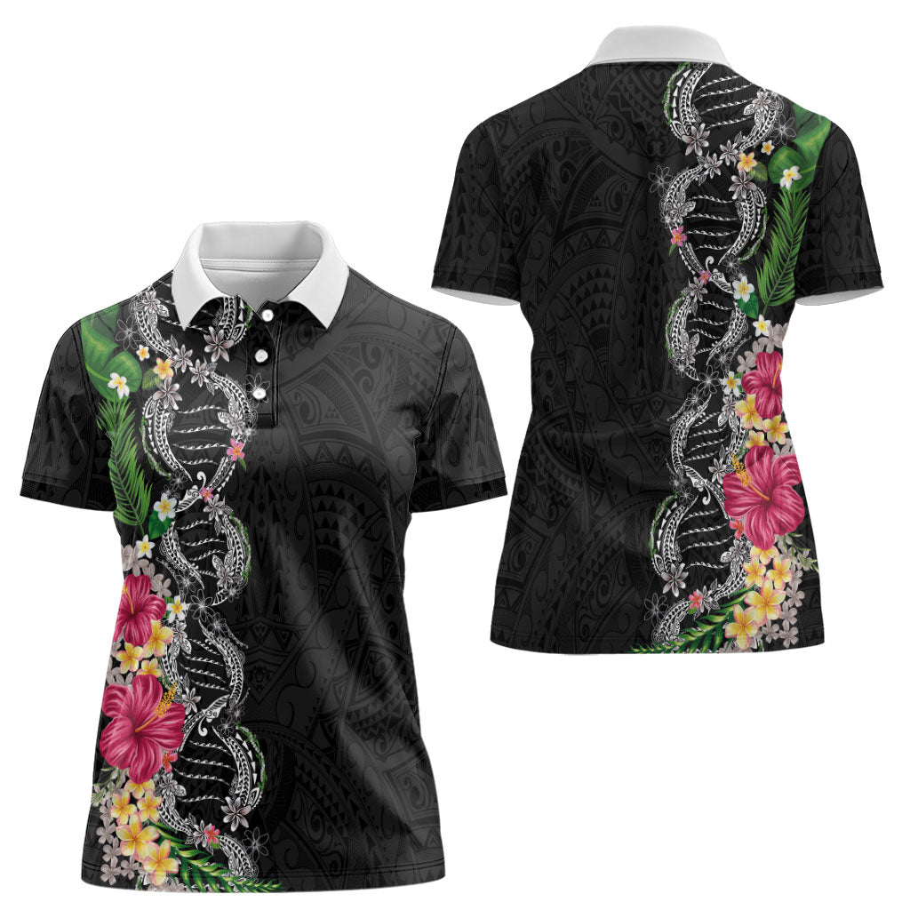 Hawaii DNA Kakau Tattoo Women Polo Shirt with Plumeria and Hibiscus Tropical Plants Black Color