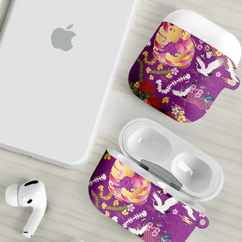 Hawaiian and Japanese Culture Together AirPods Case Kakau Tribal Pattern and Irezumi Art Purple Color