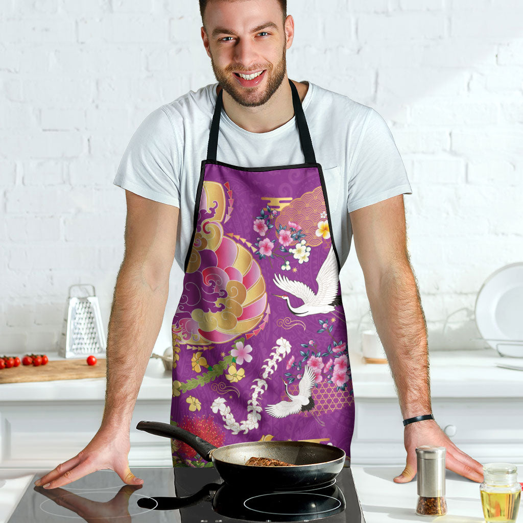 Hawaiian and Japanese Culture Together Apron Kakau Tribal Pattern and Irezumi Art Purple Color